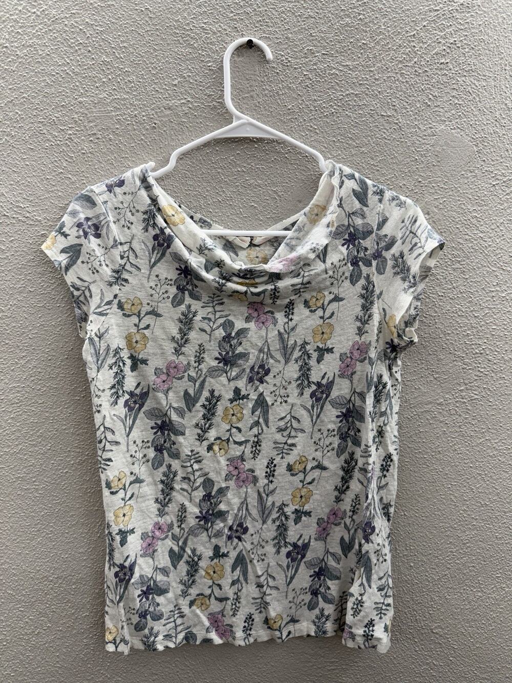 Rachel Ashwell Womens Top Size Medium White Floral Linen Cap Sleeve Cowl Neck